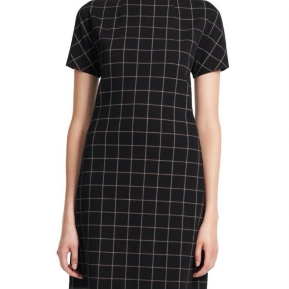 Theory Black Windowpane Sheath Midi Dress with Mock Neck Office NWT Retail $395